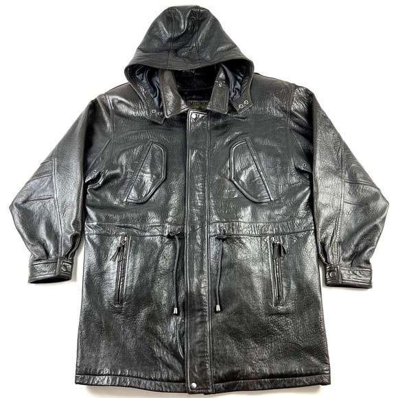 Midway Mens Dark Brown Leather Long Coat Trench Detachable Hood Liner Size L - Picture 1 of 12